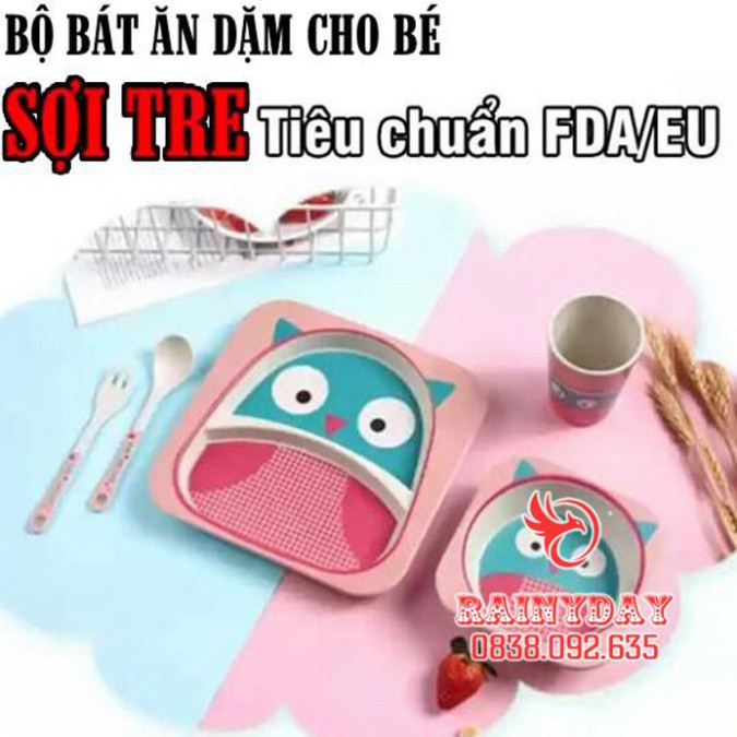 Bộ bát khay sợi tre ăn dặm cho bé chén muỗng kiểu nhật hình thú dễ thương an toàn