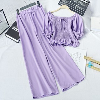 Set Áo Trễ Vai + Quần Ống Xuông Chất Liệu Mát Mẻ Thích Hợp Mặc Đi Chơi, Đi Dạo Biển Ngày Hè