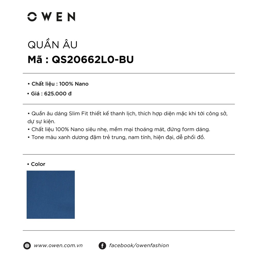 OWEN - Quần âu nam Owen Slimfit chất Nano siêu mát màu xanh dương 20662