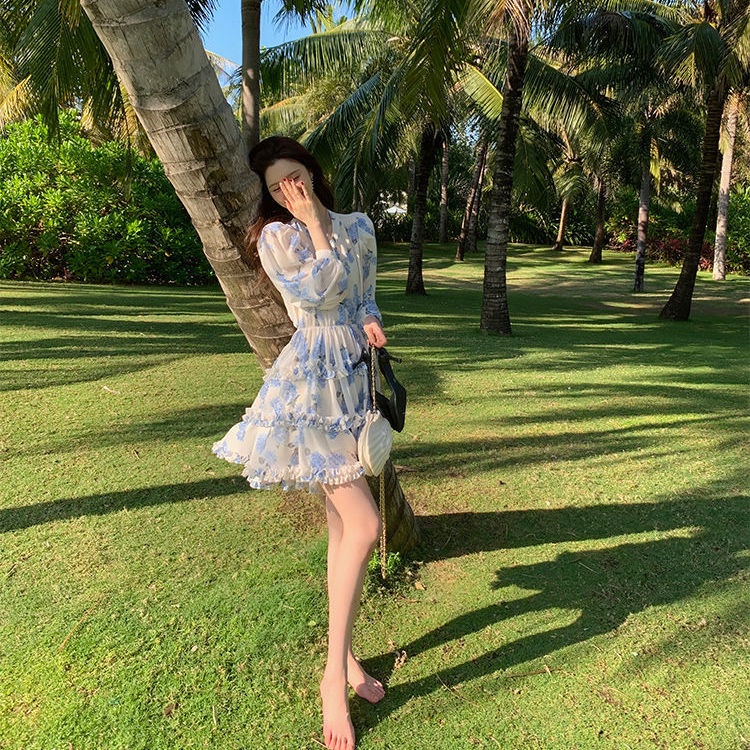 2023 Đầm mini  Voan Ngắn Tay Dài In Họa Tiết Hoa Xanh Dương Thời Trang Mùa Hè Phong Cách Hàn Quốc Cho Nữ