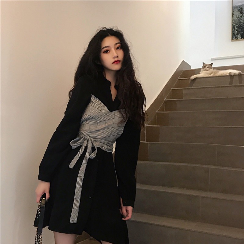 Xiaozhainv Đầm tay dài eo cao thời trang phong cách Hàn Quốc | BigBuy360 - bigbuy360.vn