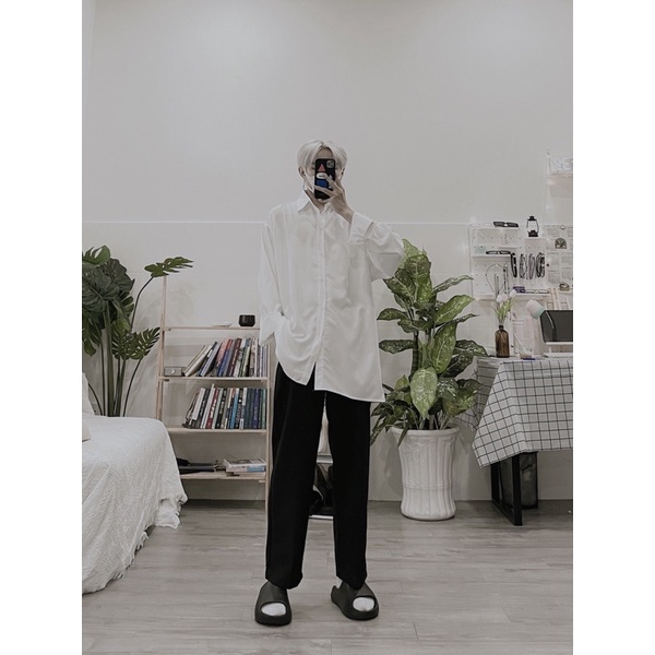 ÁO SƠMI FORM RỘNG TRẮNG ĐEN UNISEX NAM NỮ (hình chụp thật)