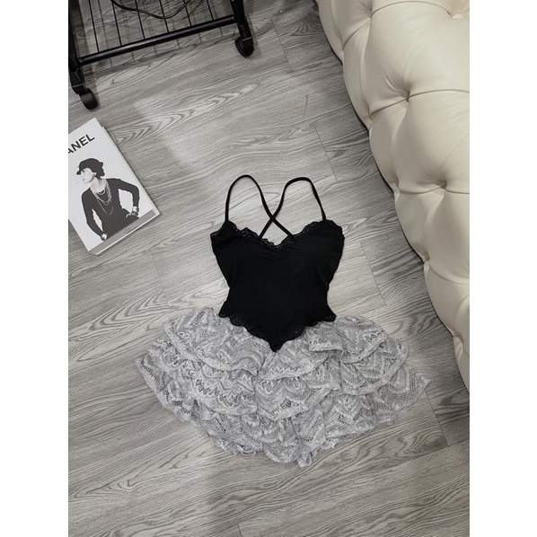 Set 2 món chân váy phối ren áo phối ren