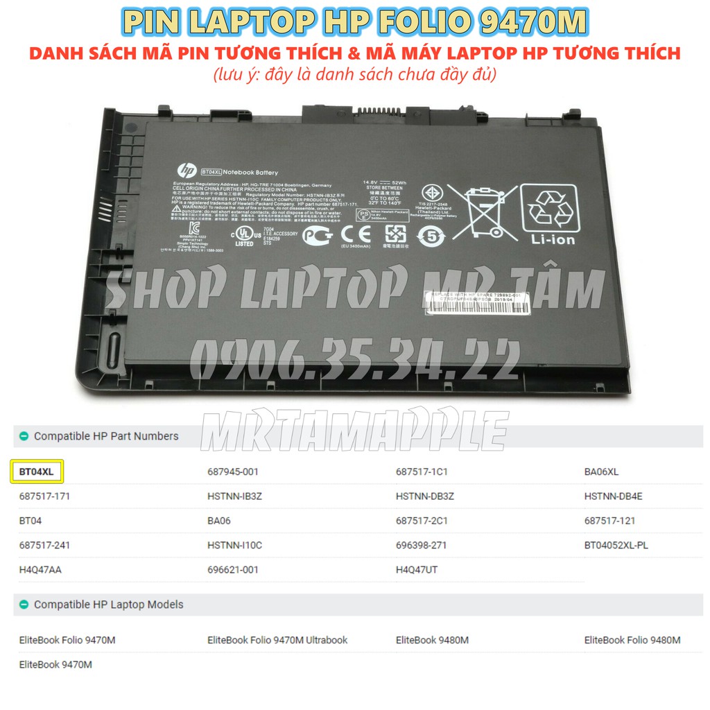 Pin Laptop HP FOLIO 9470M (BT04XL) (ZIN) - 4 CELL - EliteBook Folio 9470M 9480M, BT04 BT04XL H4Q47AA H4Q48A