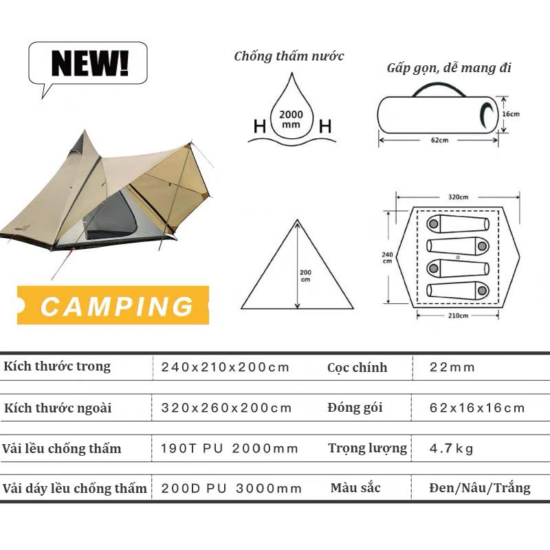 Lều Cắm Trại Ngoài Trời Dành Cho 4-6 Người -Lều kim tự tháp Ấn Vidalido, MoutainHike Chống Nước Rộng Rãi Thoáng Mát