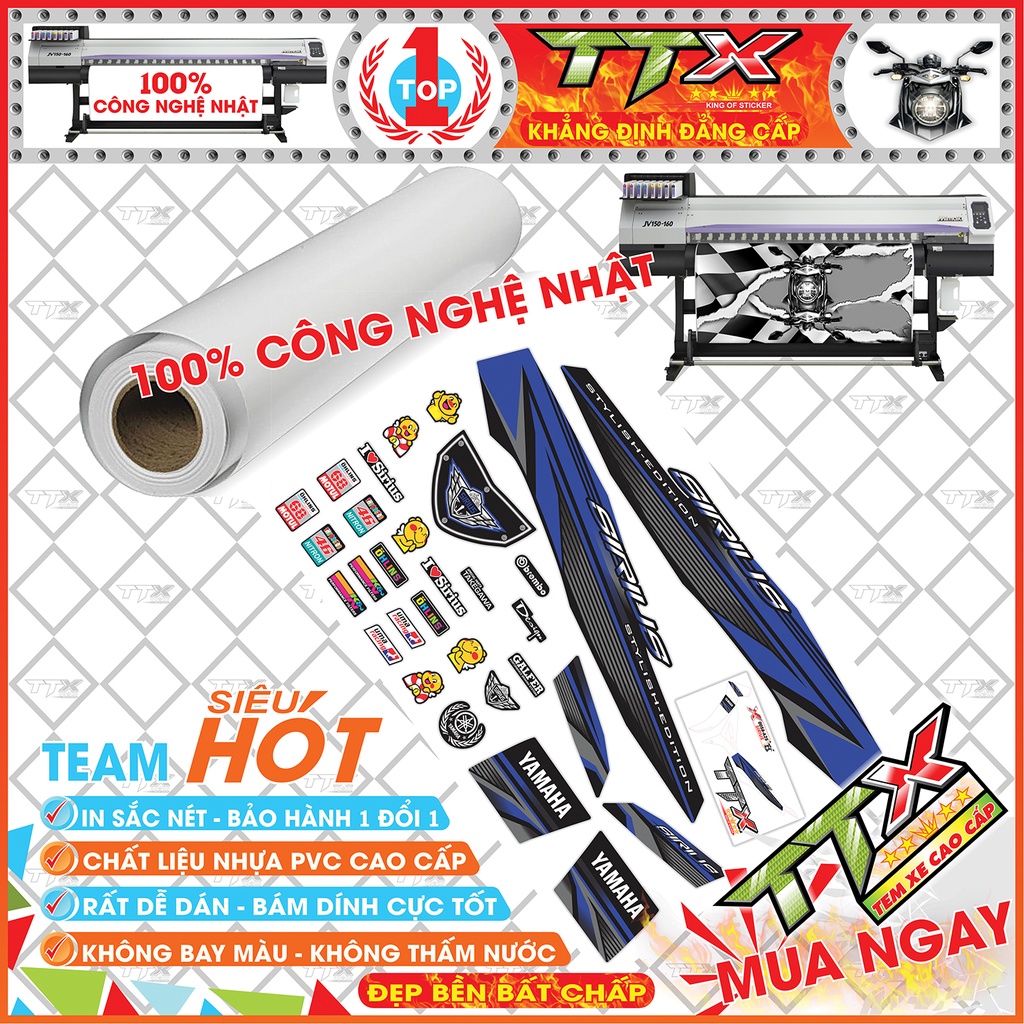 Tem Xe Sirius Xanh GP Xám Đen - Tem Dán Xe Sirius Đen Xanh GP Xám Viền Chỉ Siêu Đẹp - Mẫu Tem Rời Sirius Xanh