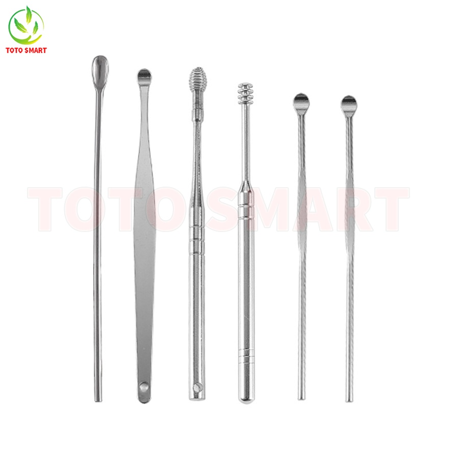 Bộ dụng cụ ngoáy tai lấy ráy tai 4 Khúc Cao Cấp bằng thép, Hộp gỗ, có đèn cho gia đình