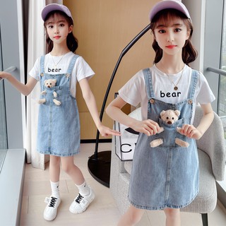Set váy jean gấu kết hợp áo phông cho bé gái