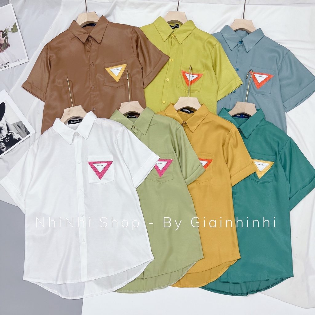 Xả hàng - Áo sơ mi kiểu 1 túi mác da, Áo sơ mi nữ ngắn tay SM2076 - NhiNhi Shop