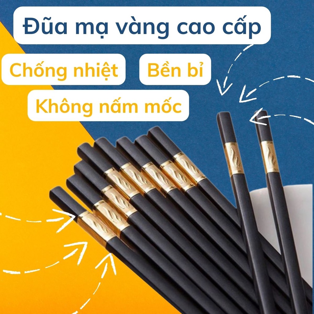 Bộ 10 đôi Đũa mạ vàng Đũa ăn cao cấp đũa khảm vàng hàn quốc Chống Trơn- Chống Trượt- Chống Mốc- Bền Mầu