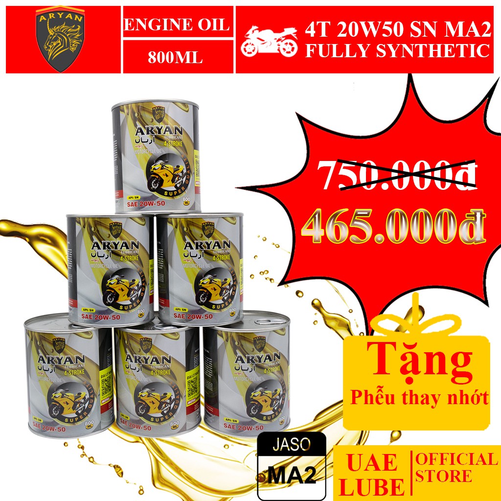 Combo 6 Lon Nhớt Tổng Hợp ARYAN 20W50 800ml SN JASO MA2 - Hàng nhập khẩu UAE - Dùng cho xe số, xe mô tô PKL