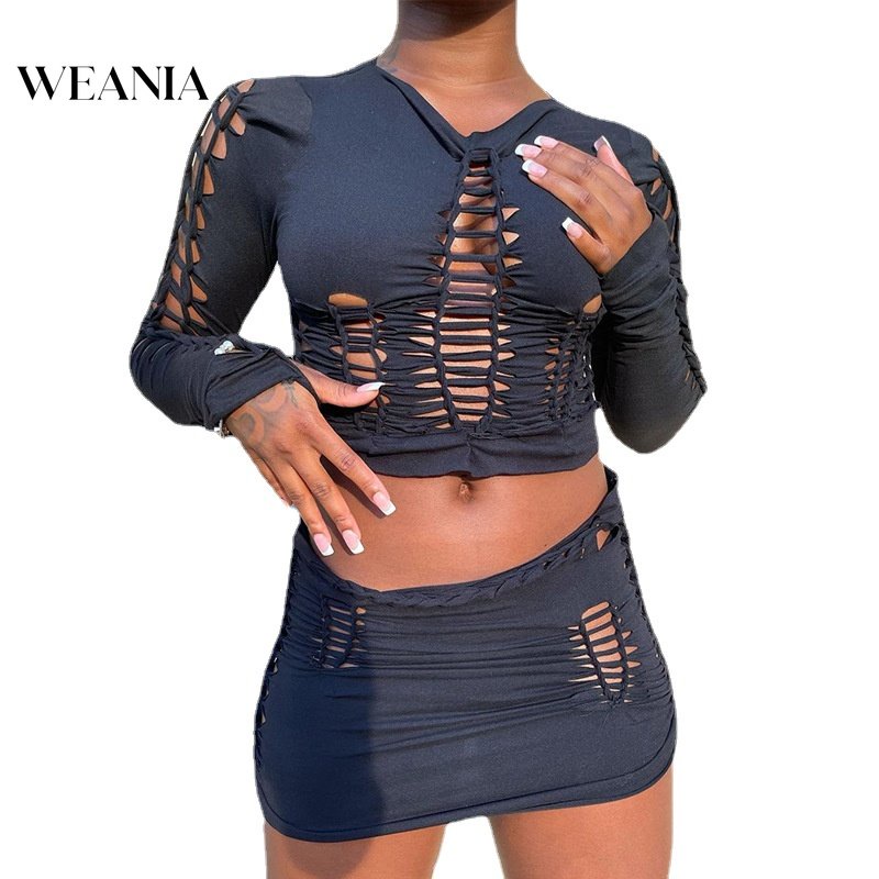 Set Áo Thun Lửng Tay Dài 2 Dây + Chân Váy Bút Chì Lưng Cao Thời Trang Nữ