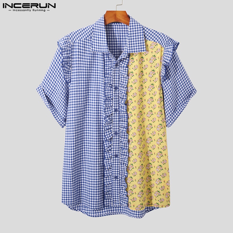 Áo sơ mi INCERUN ngắn tay viền bèo họa tiết kẻ sọc thời trang mùa hè cho nam