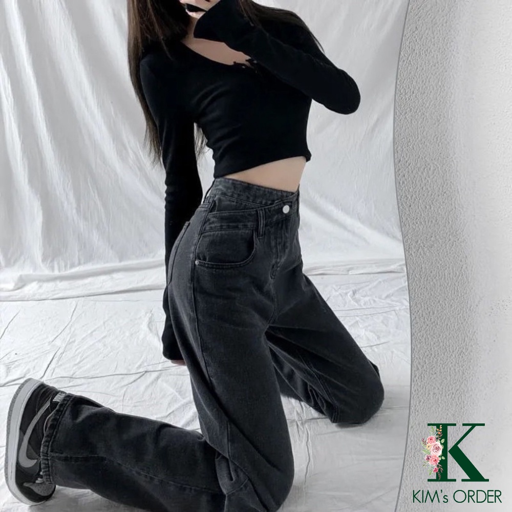 Quần Jeans Nữ Cạp Lệch Ống Đứng Màu Đen Khói Lưng Cao Dáng Rộng Ống Dài Phong Cách Ulzzang Cá Tính Loại 1 Có Bigsize
