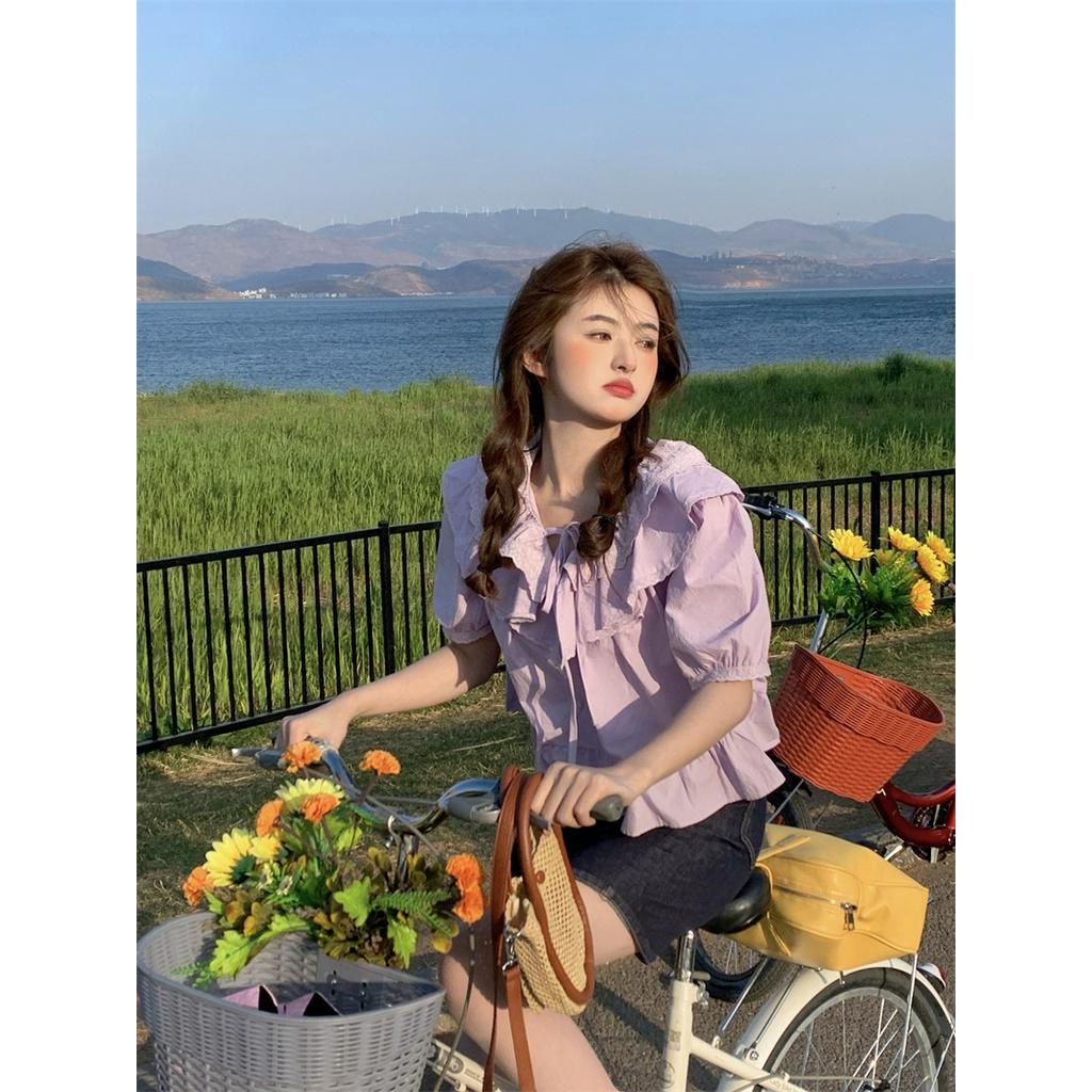 Áo Sơ Mi Tay Ngắn Rộng Có Dây Buộc Đôi Phong Cách Mới 63325