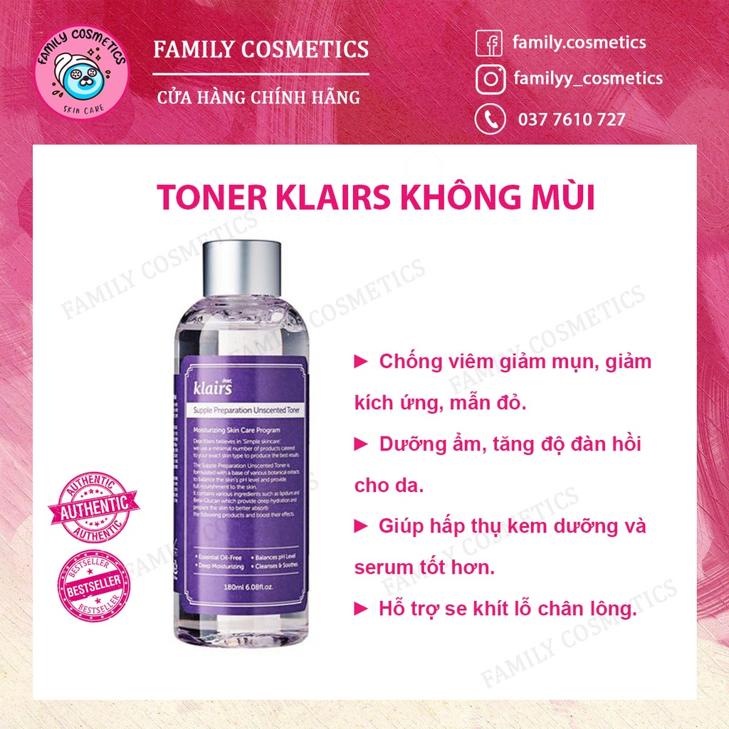 Nước Hoa Hồng Klairs Supple Preparation Unscented Toner 180ml (Không mùi) - Family Cosmetics