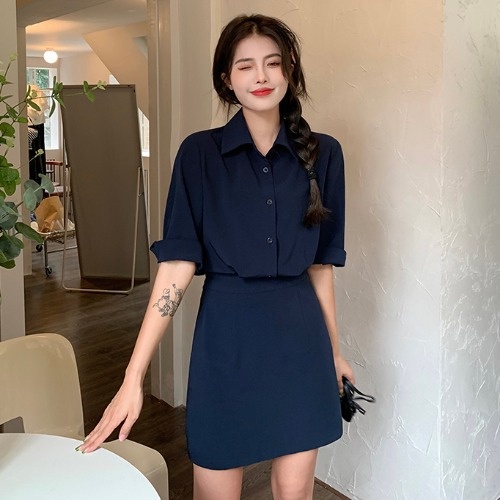 ZHELIHANGFEI Đầm Sơ Mi Giả Hai Mảnh Thiết Kế Nhấn Eo Thời Trang Dễ Phối Đồ