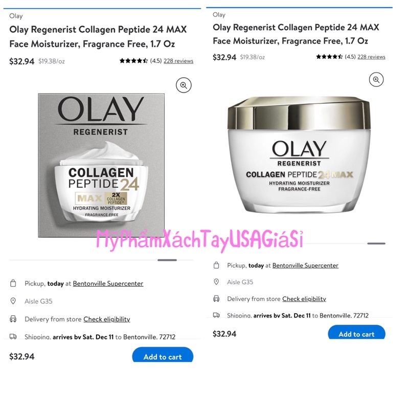 [HàngMỹ]Kem dưỡng ẩm chống lão hóa và tái tạo da Olay Regenerist 2X Collagen Peptide 24 MAX Hydrating Moisturizer 48g
