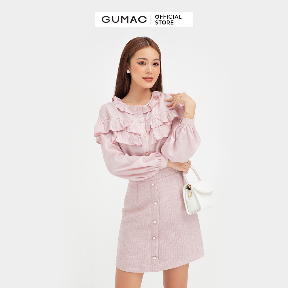 [Mã WABRGUM giảm 10% tối đa 30K đơn 99K] Áo sơ mi kiểu nhún bèo ngực GUMAC màu hồng trơn sang trọng AB451 | BigBuy360 - bigbuy360.vn