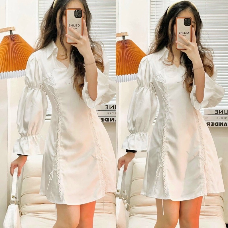 Đầm sơ mi trắng đan dây eo tay loe dáng chữ A viền ren