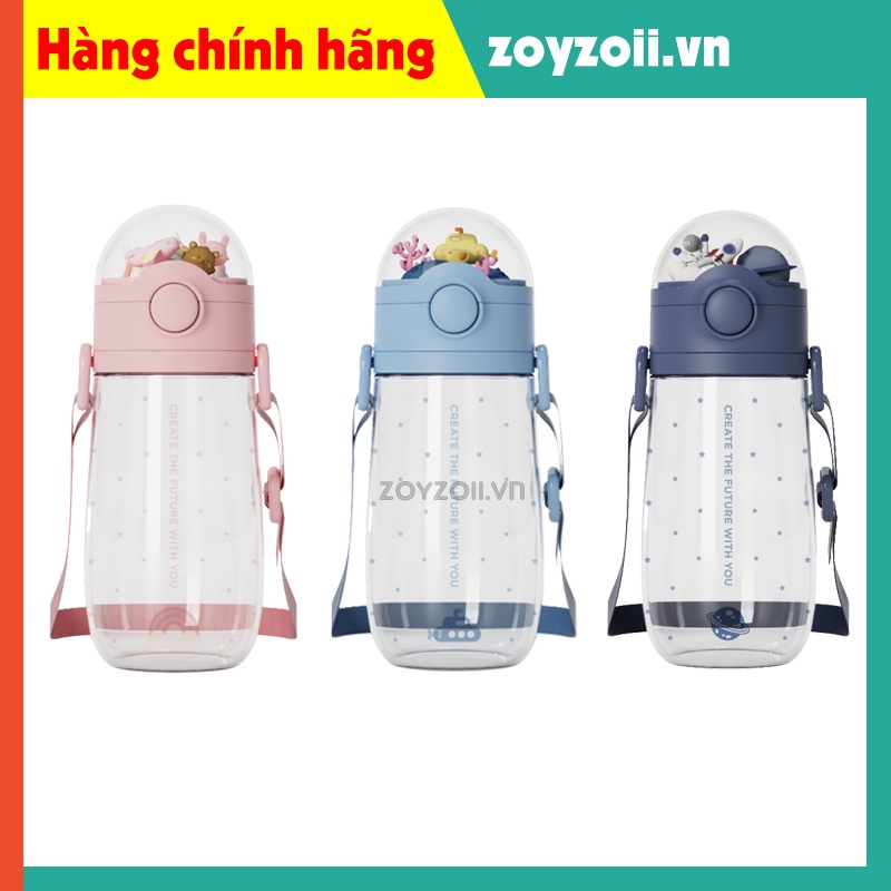 ZOYZOII Bình nước cho bé tritan chống sặc, kèm mô hình 3D ngộ nghĩnh cho bé tập uống nước dung tích 360ml có dây đeo