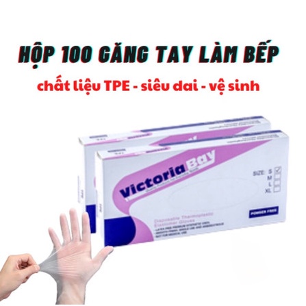 Hộp 100 găng tay siêu dai Victoria nấu ăn làm bếp chất liệu TPE không mùi, cảm ứng điện thoại