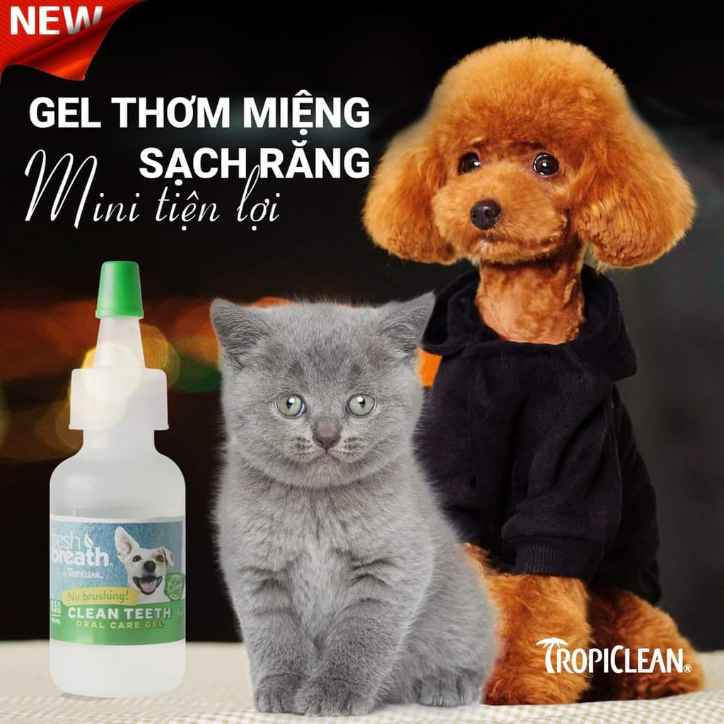 Gel mini vệ sinh răng miệng chó mèo, giảm cao răng, mùi hôi (TropiClean, Mỹ)