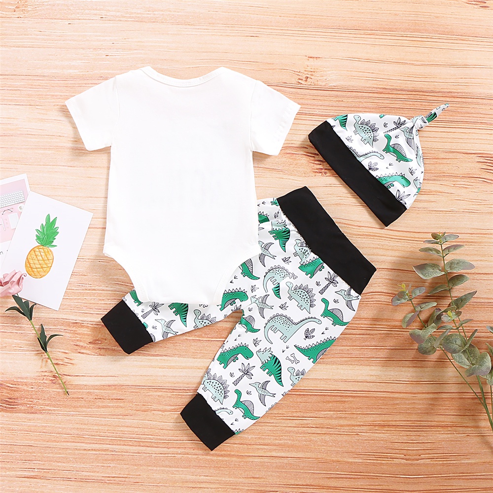 Bộ Trang Phục 3 Món Gồm Áo Liền Quần + Quần Cotton In Họa Tiết Khủng Long Kèm Nón Cho Bé Trai