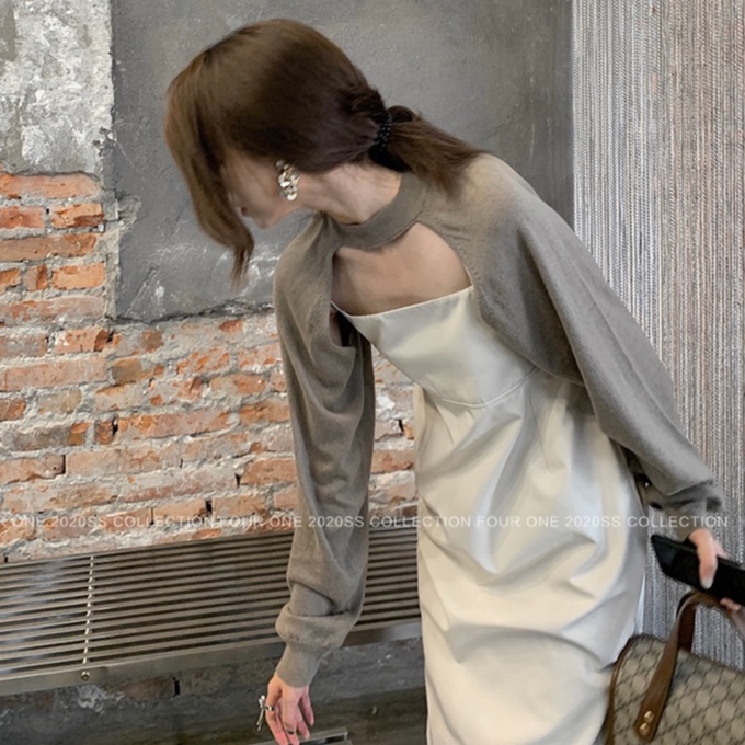 ihkke Áo Sweater Màu Trơn Thiết Kế Tay Dài Hở Lưng Đơn Giản Tôn Dáng Gợi Cảm