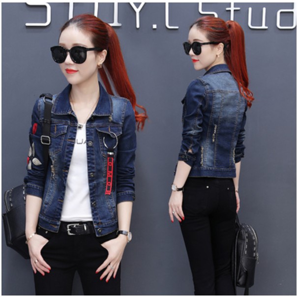 Plus Size S-5XL Spring Women Outerwear BF Casual Slim Long Sleeve Jean Jacket Embroidery Pocket Button Short Denim Coat