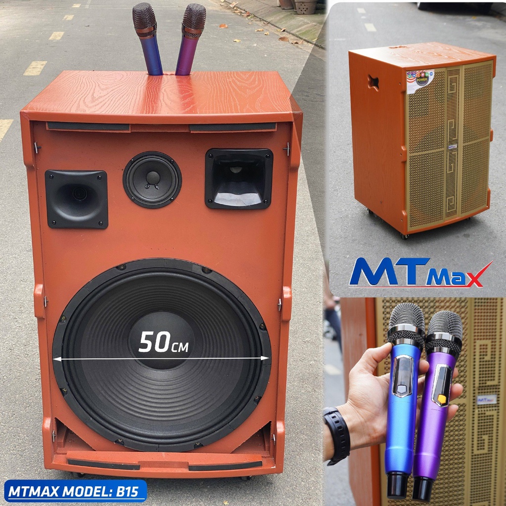 Loa kéo di động MTMax B15 - Loa karaoke 3 đường tiếng bass 5 tấc, 1 mid, 2 treble - Công suất lên đến 1000W - Kèm 2 mic