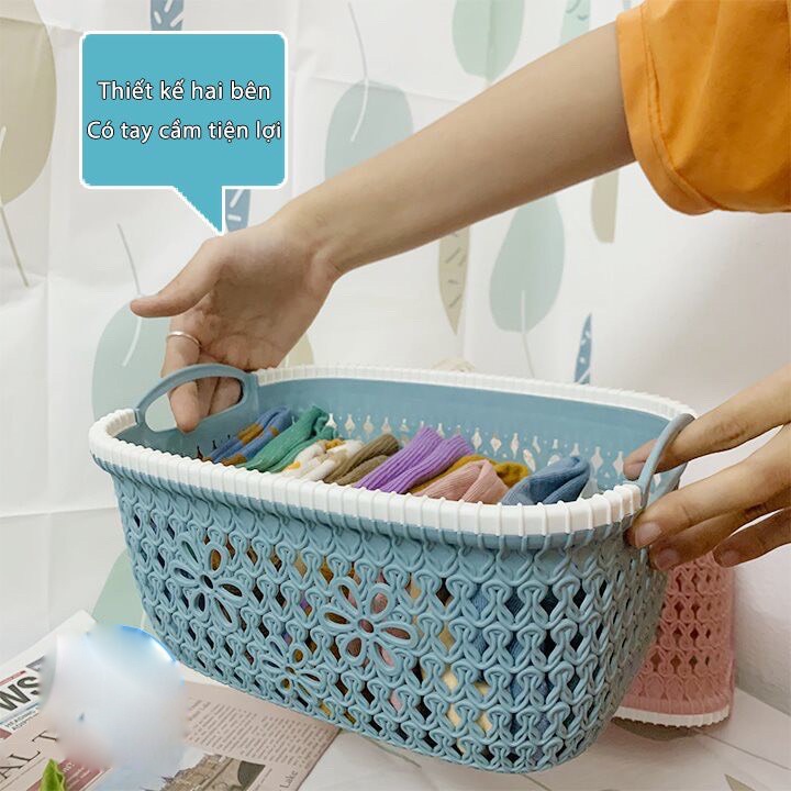 Rổ nhựa giả đan mây có quai cầm Việt Nhật, giỏ hoa 2 size màu pastel xinh xắn TTS 3377