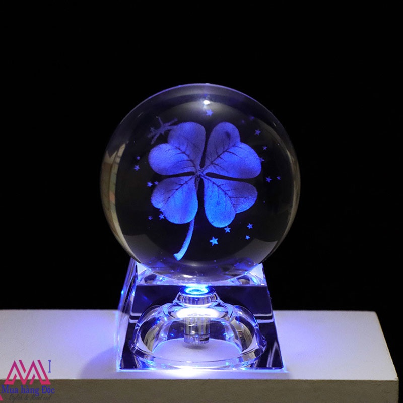 Bộ Quà Tặng 🎁 🎁 🎁 Quả Cầu Pha Lê Clover Khắc Laser 3D LED
