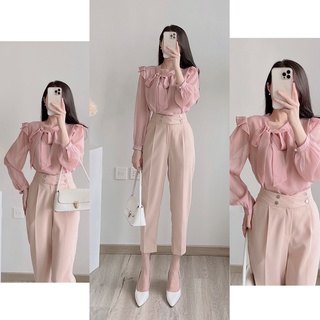 Áo sơ mi tơ cổ nơ lệch