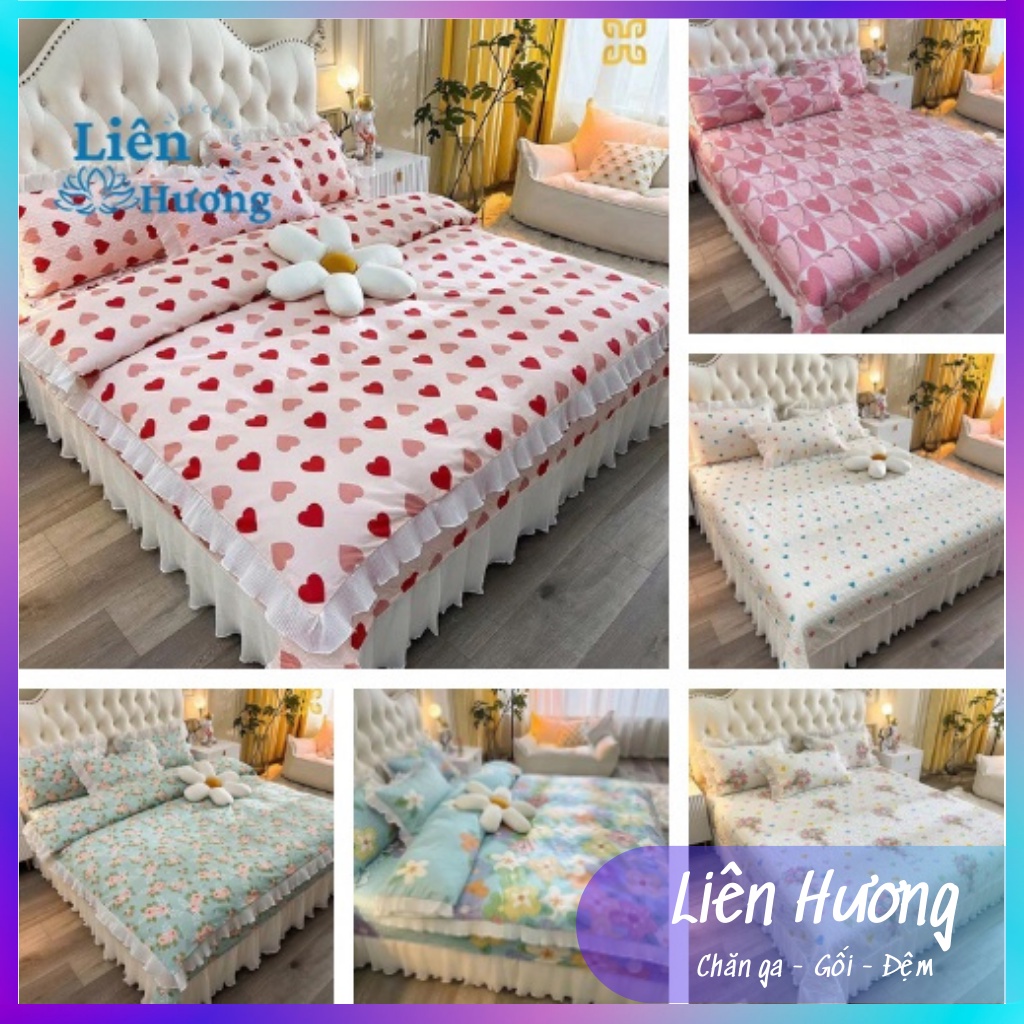 Bộ Ga Gối Cotton Trần Bông 3 Lớp Viền Bèo Dễ Thương - Ga Gối Cotton Oganic Phủ Viền Bèo Hàng Nhập Khẩu
