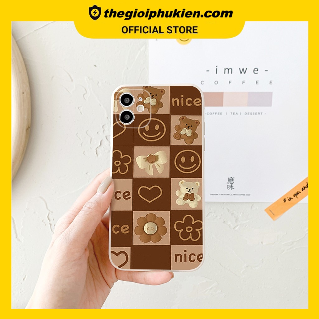 Ốp lưng iphone cạnh vuông Caro gấu nâu dành cho iphone 6 đến 14promax - E185