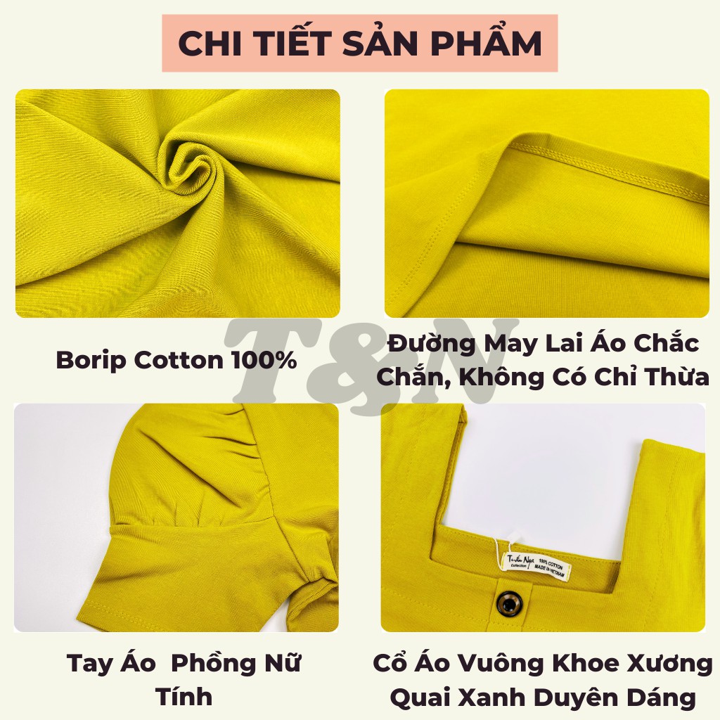 Áo thun borip nữ cổ vuông tay phồng có đính nút trước ngực T&amp;N TSHIRT COLLECTION, chất borip cotton 100%, ôm body A02363