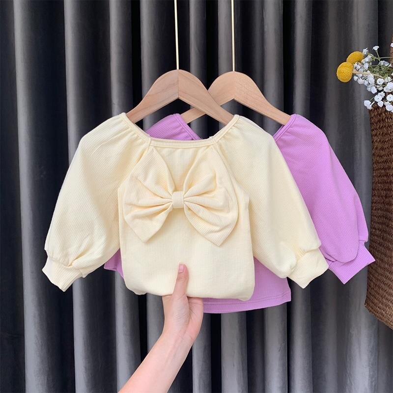 Áo thun cổ vuông thắt nơ thời trang xuân thu cho bé gái 2-6 tuổi