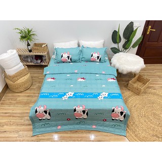 Bộ chăn hè ga gối 1m6 gồm 4 món,vải cotton poly,MẪU BÒ XANH