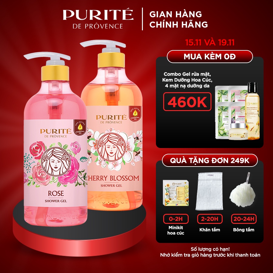 [Mã FMCGMALL -8% đơn 250K] Combo 2 Sữa Tắm Mềm Mịn Hoa Hồng Purité 850ml + Sáng Mịn Hoa Anh Đào 850ml