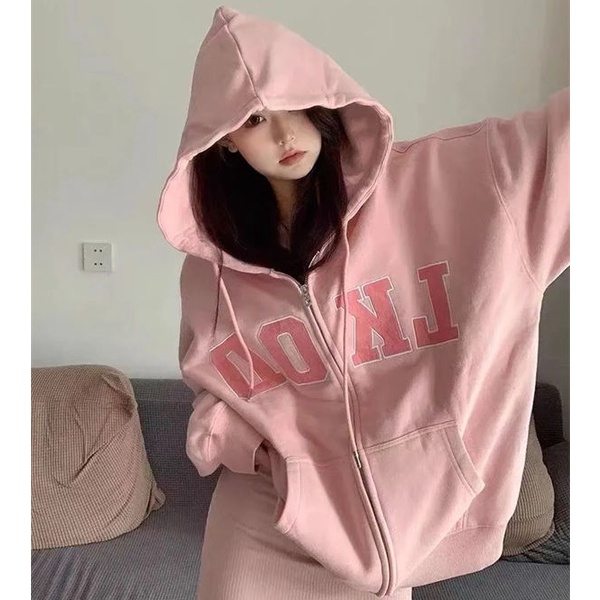 Áo Khoác Có Nón Khóa Kéo In Chữ Thời Trang Hàn Quốc