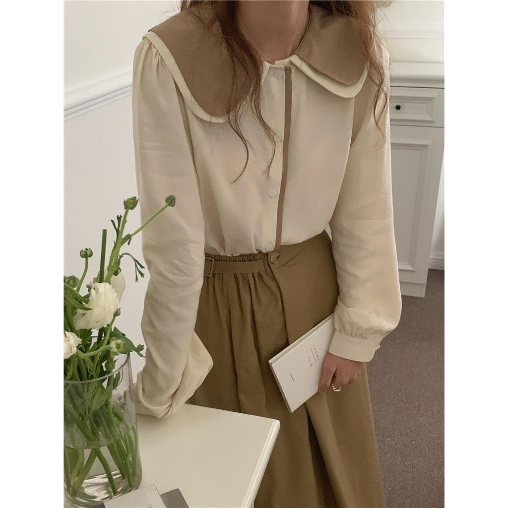 Bộ Áo Sơ Mi Tay Dài + Chân Váy Lưng Cao Co Giãn Màu Sắc Tương Phản 61329
