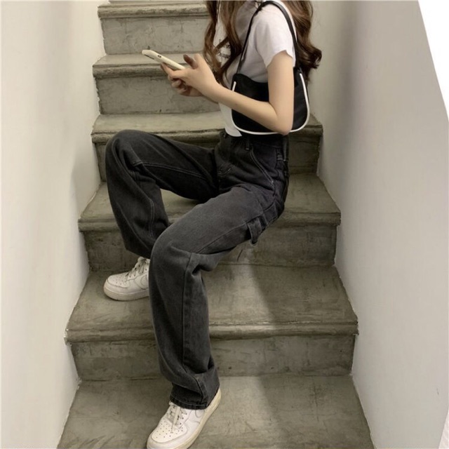 Quần bò jeans ống rộng, ống suông Ulzzang nữ cạp cao màu đen chỉ trắng hack dáng chân dài miên man ❤️