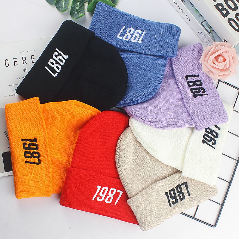 Mũ beanie giữ ấm thêu chữ số 1987 màu trơn dễ thương cho nữ