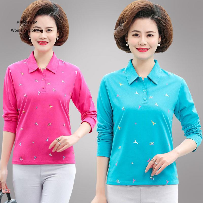 freedom  Áo thun nữ trung niên, cotton plus size, mặc mẹ, quần xuân thu, dài tay Hàn Quốc- sơ mi POLO ve người già và ca