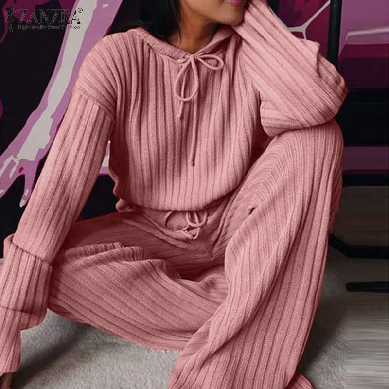 Set áo hoodie ZANZEA dài tay có mũ trùm đầu và quần phối dây rút lưng cao màu sắc đơn giản phong cách thể thao cho nữ