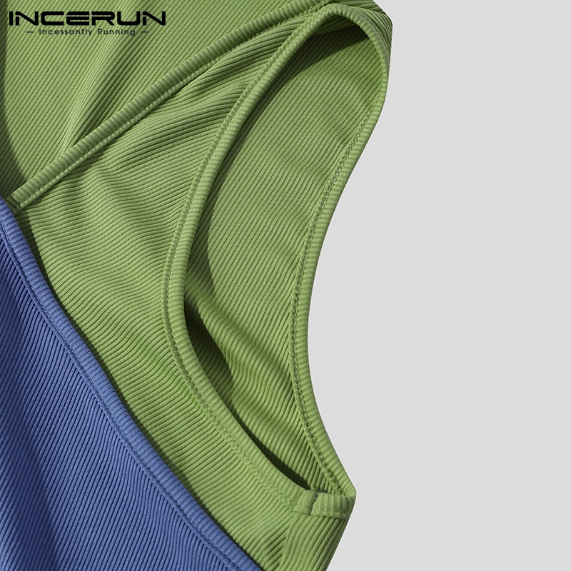 Áo ba lỗ INCERUN dáng ôm phối màu tương phản thời trang thường ngày cho nam