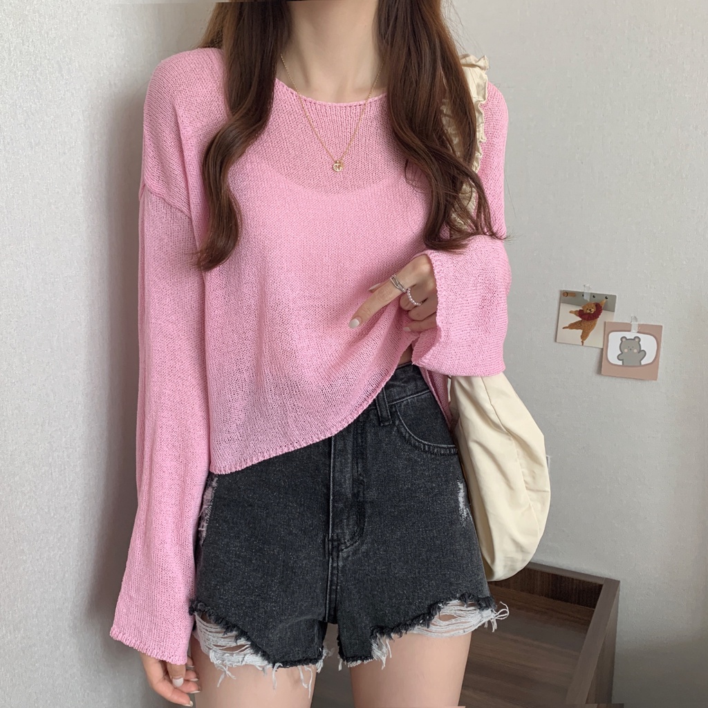 Áo thun ZHELIHANGFEI vải dệt kim tay dài dáng rộng chống nắng thời trang trẻ trung