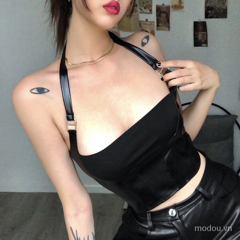 Áo Tank Top Da Pu Thiết Kế Cổ Khoét Sâu Quyến Rũ