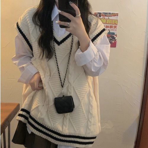 Set áo sơ mi tay dài cổ chữ V + áo khoác len không tay màu sắc tương phản phong cách Hàn Quốc 77